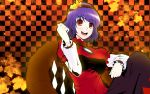  :d breasts checkered checkered_background gayprince hair_ornament headband high_contrast highres leaf open_mouth purple_hair red_eyes shide shimenawa short_hair smile solo touhou yasaka_kanako 