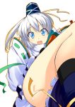  blue_eyes blush hat japanese_clothes kariginu legs looking_at_viewer mononobe_no_futo open_mouth ponytail side_ponytail silver_hair smile tate_eboshi thighs touhou uro white_hair 