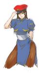  alternate_hairstyle brown_legwear china_dress chinese_clothes chun-li cosplay earrings garrison_cap hair_down hat jewelry long_hair pantyhose solo street_fighter vega vega_(cosplay) wink 