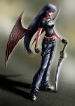  1girl blue_hair blush_response bracelet collar demon_wings duplicate female fingerless_gloves gloves hair_tubes hands_on_hilt jeans jewelry long_hair midriff original pierced_wings piercing solo sword torn_clothes torn_jeans very_long_hair weapon wings 