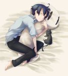  bad_id blue_hair cat collared_shirt dakimakura hug lying nakamura_kana nichijou short_hair sigure sleeping 