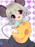  :3 animal_ears capelet cheese chibi child deyu_(aytms) dress grey_dress grey_hair head_tilt mouse_ears mouse_tail nazrin red_eyes smile solo tail touhou 