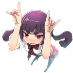  \m/ ao_no_exorcist blush bow eyebrows face flustered foreshortening hand_gesture hands hime_cut hime_eyebrows kamiki_izumo nekomasu pleated_skirt purple_hair red_eyes ribbon school_uniform short_eyebrows skirt solo striped striped_ribbon thigh-highs thighhighs tsundere twintails 