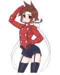  braid brown_eyes brown_hair folks_(nabokof) garter_straps genderswap gloves hand_on_hip hips lloyd_irving long_sleeves open_pants ribbon salute short_shorts shorts simple_background solo suspenders tales_of_(series) tales_of_symphonia thigh-highs thighhighs twin_braids 