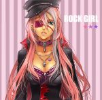  blue_eyes breasts chisaki chisaki_(sorajik) choker cleavage collarbone ear_piercing earrings eyepatch hat jewelry lips long_hair looking_at_viewer necklace original peaked_cap piercing pink_hair popped_collar skull_and_crossbones solo striped striped_background 