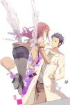  belt black_hair black_legwear blue_eyes boots brown_hair cellphone evers flower green_eyes highres jacket labcoat legwear_under_shorts long_hair low_wings makise_kurisu necktie okabe_rintarou pantyhose phone short_hair shorts smile steins;gate tears wings 