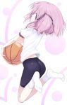  basketball bike_shorts feet footwear gym_uniform hair_ribbon minato_tomoka mole naporu pink_eyes pink_hair ribbon ro-kyu-bu! rou-kyuu-bu! short_hair side_ponytail smile socks solo white_legwear 