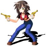  blush breasts brown_hair claire_redfield claire_redfield_(cosplay) cleavage cosplay crop_top dual_wielding frown golden_gun gun handgun highres jeans kusakabe_misao lucky_star luger_p08 midriff pistol resident_evil rindou_(awoshakushi) shadow solo weapon yellow_eyes 