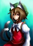  animal_ears brown_eyes brown_hair bust cat_ears chen earrings jewelry multiple_tails short_hair smile solo tail touhou ura_(05131) 