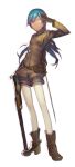  boots dark_skin flat_chest gun long_hair mckeee military military_uniform original pantyhose salute shorts simple_background smile solo standing sword uniform weapon white_legwear yellow_eyes 