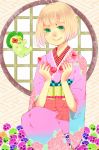  716kira ao_no_exorcist bad_id blonde_hair green_eyes highres huang_baoling japanese_clothes kimono moriyama_shiemi obi round_window sayagata short_hair sitting solo tiger_&amp;_bunny window 