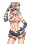  abs american_flag_bikini armlet bare_shoulders belt bikini bikini_top blonde_hair blue_eyes breasts choker cleavage cowboy_hat elbow_gloves fingerless_gloves flag_print gloves grin hat heart highres houtengeki jewelry long_hair looking_at_viewer navel pendant pouch ragnarok_online short_shorts shorts simple_background smile solo star swimsuit thigh_strap toned vambraces western whitesmith 