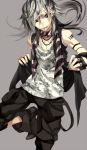  1boy barcode black_gloves brown_eyes fingerless_gloves gloves grey grey_background hachizowo jewelry long_hair male markings necklace original pants piercing scarf shirt shoes silver_hair simple_background sleeveless solo standing_on_one_leg 