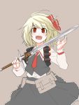  ascot blonde_hair blush bow claymore_(sword) explosive fang fangs grenade hair_bow hair_ribbon highres necktie open_mouth red_eyes ribbon rumia shino_(r_shughart) short_hair simple_background skirt smile solo sword team_fortress_2 the_demoman the_embodiment_of_scarlet_devil touhou vest weapon youkai 