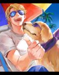  artist_request beach blonde_hair dog happy jeans john_(tiger_&amp;_bunny) keith_goodman letterboxed male glasses_(artist) outdoors palm_tree pixiv_manga_sample short_hair solo source_request summer sunglasses t-shirt thumbs_up tiger_&amp;_bunny tree umbrella 