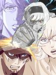  barnaby_brooks_jr blue_eyes cabbie_hat cis_(tiger_&amp;_bunny) clenched_hands damaged facial_hair fist glasses hairband hat jacket kaburagi_t_kotetsu keith_goodman mask muted_color short_hair stubble tegaki tiger_&amp;_bunny 