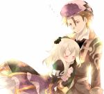  black_gloves blonde_hair bow brown_eyes brown_hair closed_eyes couple creature dress elise_lutas elise_lutus eyes_closed gloves hand_on_head long_hair object_on_head pants ribbon sitting sleeping smile sumomo_(peach-breath) tales_of_(series) tales_of_xillia tipo_(xillia) tippo 