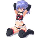  altines armpits arms_behind_head arms_up blue_hair busou_shinki dd_(artist) elbow_gloves flat_chest gloves navel red_eyes sitting solo thigh-highs thighhighs wariza wink 