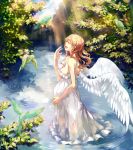  angel_wings bird blonde_hair breasts closed_eyes dress eyes_closed koko_(oyasuminasai) long_hair open_mouth original pregnant ripples solo sunbeam sundress sunlight wading water wings 