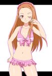  adjusting_hair bikini_skirt blush bow brown_eyes brown_hair front-tie_top hairband hand_on_hip idolmaster idolmaster_2 kisaragi_yuki light_smile long_hair looking_at_viewer minase_iori navel shiny shiny_skin smile swimsuit wink 