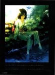  barefoot brown_eyes brown_hair fan feet_in_water highres japanese_clothes kara_no_kyoukai kimono obi paper_fan ryougi_shiki scan short_hair sitting soaking_feet solo sunlight takeuchi_takashi type-moon uchiwa water yin_yang 