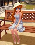  bare_shoulders bench blue_eyes collarbone cross-laced_footwear dress hat kiazee long_hair looking_at_viewer open_mouth orange_hair original park shoes sitting smile solo sun_hat sundress 