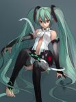  aqua_eyes aqua_hair barefoot breasts bridal_gauntlets center_opening feet hatsune_miku hatsune_miku_(append) long_hair miku_append navel necktie shirabi_(life-is-free) sitting solo toeless_socks toes twintails very_long_hair vocaloid vocaloid_append 