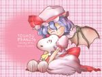  bat_wings blue_hair chamupei charles_schulz_(style) closed_eyes cosplay dress eyes_closed hakurei_reimu hakurei_reimu_(cosplay) hat highres hug peanuts remilia_scarlet short_hair sitting smile snoopy solo touhou wings 