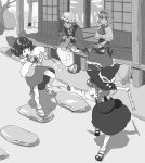  4girls alice_margatroid bow broom child fighting geta gohei grey hair_bow hair_tubes hairband hakurei_reimu hat hat_bow kirisame_marisa knitting mary_janes mitsumoto_jouji monochrome multiple_girls ofuda old old_woman playing running shoes short_hair sitting skirt touhou witch witch_hat young 