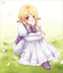  animal_ears blonde_hair bow dress flower holding holding_flower long_sleeves meago original payot petals puffy_sleeves purple_eyes scar signature sitting smelling_flower solo vest violet_eyes 