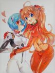  ayanami_rei blue_eyes blue_hair blush bodysuit hair_ornament happy heart hug kamak kanna_irori marker_(medium) multiple_girls neon_genesis_evangelion open_mouth orange_hair plugsuit rebuild_of_evangelion red_eyes shikinami_asuka_langley skin_tight smile soryu_asuka_langley souryuu_asuka_langley test_plugsuit traditional_media wink yuri 