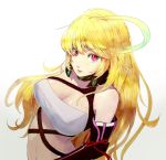  blonde_hair breasts cleavage hidezi long_hair milla_maxwell pink_eyes simple_background solo tales_of_(series) tales_of_xillia 
