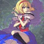  alice_margatroid arlmuffin blonde_hair book boots cross-laced_footwear dress hairband lace-up_boots lowres oekaki sash short_hair solo string touhou 