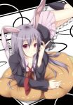  animal_ears blazer blush bunny_ears gingami highres long_hair lying nagomi_no_ame necktie pillow purple_hair red_eyes reisen_udongein_inaba skirt solo touhou very_long_hair 