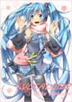  aqua_eyes aqua_hair bad_id bag detached_sleeves hatsune_miku headphones headset highres necktie sakuragi_ren scarf skirt smile solo spring_onion thigh-highs thighhighs twintails vocaloid zettai_ryouiki 