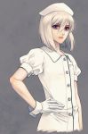  androgynous ayamiya_fumi bangs blonde_hair crossdressinging cuffs frown gloves hand_on_hip hat hips lips looking_at_viewer male namgs nurse nurse_cap original puffy_sleeves purple_eyes short_hair short_sleeves simple_background solo trap violet_eyes white_hair 