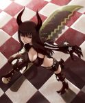  black_gold_saw black_hair black_rock_shooter boots breasts checkered checkered_floor cleavage from_above horns kingsaw large_breasts long_hair looking_up neri_gozu red_eyes skull solo star sword weapon 