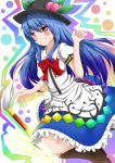  blue_hair boots bow dress error food frills fruit grin hat highres hinanawi_tenshi long_hair peach red_eyes smile solo sword tjk touhou weapon 
