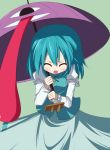  :p blue_hair blush closed_eyes eyes_closed garukichi karakasa_obake short_hair skirt solo tatara_kogasa tongue touhou umbrella 