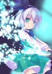  bow_tie green_eyes hair_ribbon katana konpaku_youmu open_mouth petals short_hair solo thigh-highs touhou white_hair 