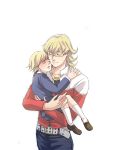  barnaby_brooks_jr belt blonde_hair child dual_persona glasses holding hug jacket jewelry male multiple_boys muraeri1204 necklace necktie red_jacket short_hair shorts simple_background studded_belt tears tiger_&amp;_bunny time_paradox white_background young 