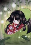  bamboo bangs black_hair blunt_bangs grey_eyes hiyokonomi houraisan_kaguya japanese_clothes kaguya_hime kaguya_hime_(character) kimono leaf long_hair smile solo touhou 
