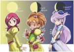  3girls :o ahoge bangs belt big_hair blue_eyes blush breast_envy breasts brown_eyes choker comparison crescent_moon cure_bloom cure_bright cure_moonlight dress dual_persona earrings elbow_gloves embarrassed english female fingerless_gloves flat_chest frown full_moon futari_wa_precure_splash_star gloves gradient gradient_background h26r hair_between_eyes hair_ornament hairband heart heartcatch_precure! hyuuga_saki jewelry kiryuu_michiru large_breasts long_hair looking_at_viewer looking_back magical_girl moon multiple_girls orange_hair payot precure profile red_eyes red_hair silver_hair standing staring_at_breasts sweatdrop swept_bangs tsukikage_yuri wrist_cuffs 