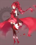  absurdres adapted_costume bare_shoulders black_legwear boots bouquet bow chipakano detached_sleeves flower hair_bow highres long_hair long_skirt magical_girl mahou_shoujo_madoka_magica petals ponytail red_eyes red_hair redhead ribbon sakura_kyouko skirt solo thigh-highs thighhighs 