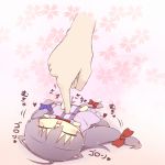  animal_ears blush_stickers bow cat_ears cat_tail chibi closed_eyes eyes_closed fang fingers hair_bow hands happy hazuki_ruu kemonomimi_mode lying minigirl on_back open_mouth patchouli_knowledge poking purple_eyes purple_hair tail touhou violet_eyes 