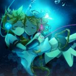  1boy 1girl bangs bare_shoulders barefoot belt blonde_hair bow closed_eyes couple detached_sleeves eyes_closed falling frown hair_bow hair_ornament hairclip headphones hexagon hug kagamine_len kagamine_rin light_particles midriff open_mouth shorts siblings sleeveless sleeveless_shirt swept_bangs taicho128 twins underwater vocaloid 