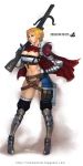  armor belt belt_pouch blonde_hair bow_(weapon) breasts cape cleavage crossbow great_game_hunter green_eyes hand_on_hip kingdom_death large_breasts lokman_lam midriff navel short_hair solo thigh-highs thighhighs weapon 