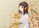  black_eyes black_hair blunt_bangs flower headphones japanese_clothes kanden kimono long_hair obi original solo 