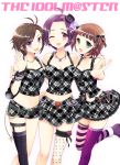  amami_haruka asymmetrical_clothes asymmetrical_clothing black_hair black_legwear brown_hair co_jet green_eyes hat highres idolmaster idolmaster_2 kikuchi_makoto lace_legwear mini_top_hat miura_azusa multiple_girls polka_dot polka_dot_legwear purple_eyes purple_hair purple_legwear short_hair striped striped_legwear thigh-highs thighhighs top_hat v violet_eyes wink 