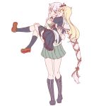  2girls blonde_hair boots carrying cheek_kiss closed_eyes green_eyes hair_flaps hair_ornament hair_ribbon hairclip hug kantai_collection kiss kneehighs long_hair mikeco multiple_girls neckerchief pink_hair pleated_skirt princess_carry ribbon school_uniform serafuku shoes skirt tied_hair very_long_hair yura_(kantai_collection) yuudachi_(kantai_collection) 